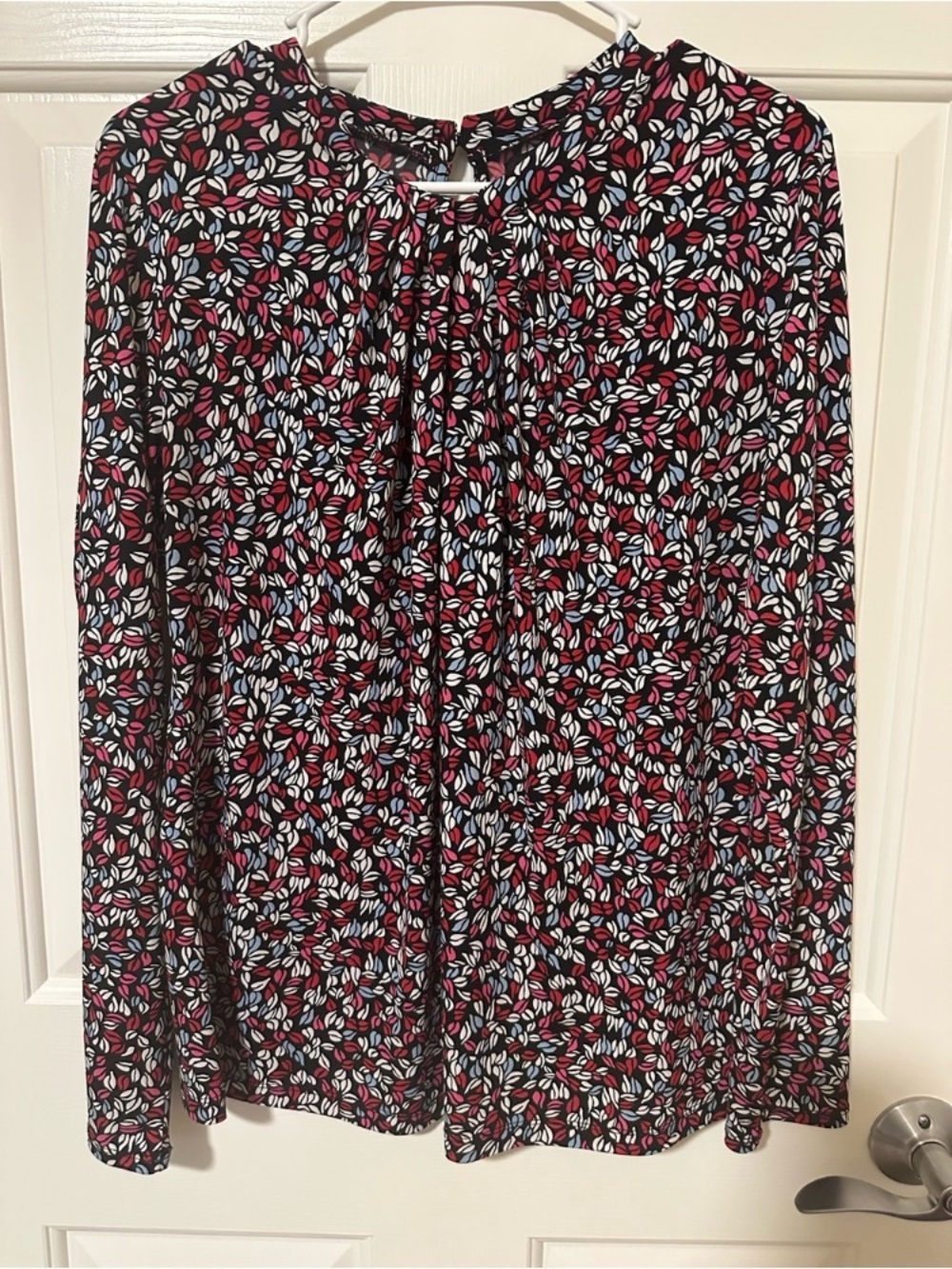 Black Leaf Print Long Sleeve Blouse with Pink & White Accents